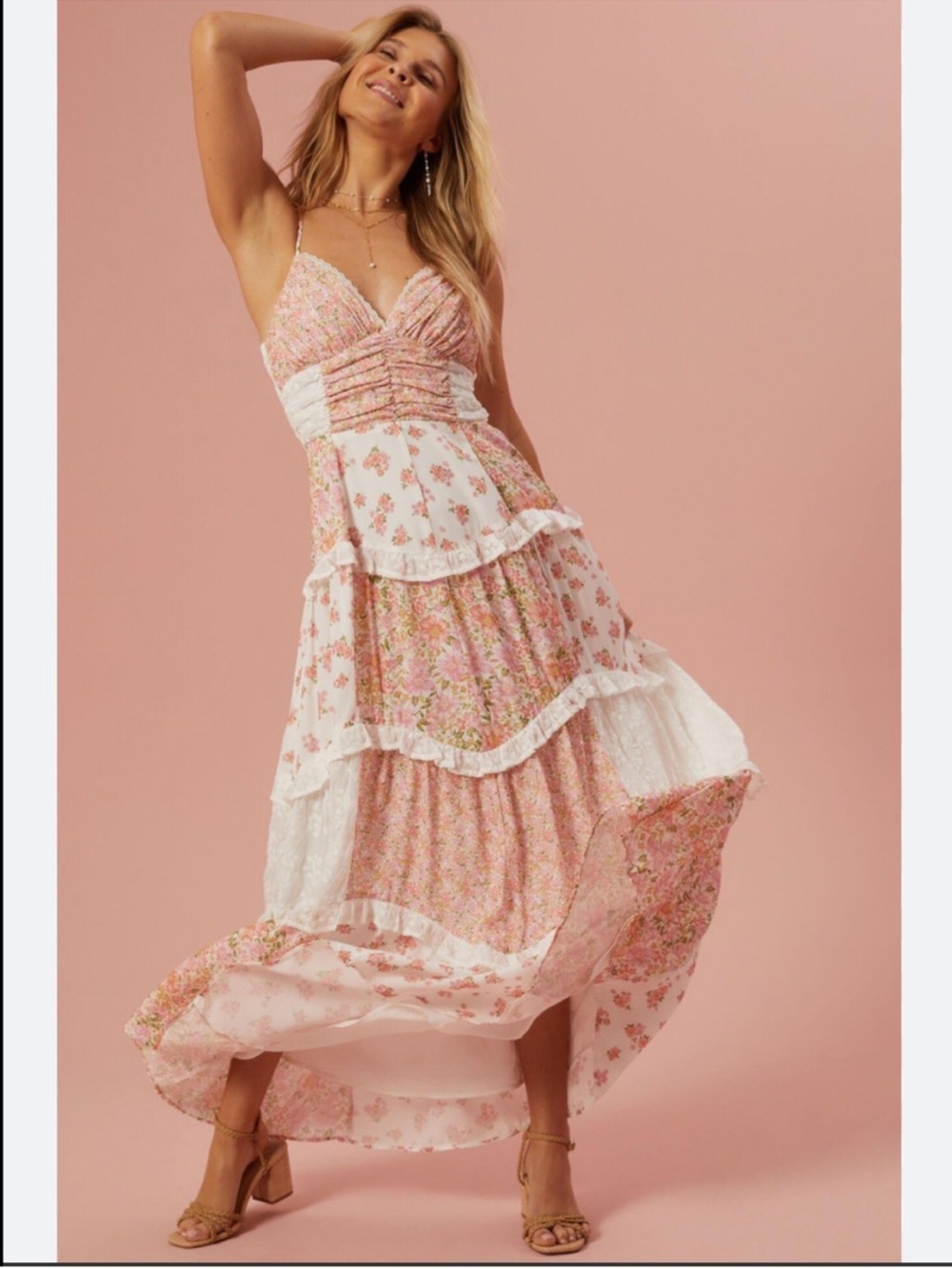 Altar'd State Adrenalia Pink Floral Tiered Patchwork Lace Maxi Dress XL NWOT